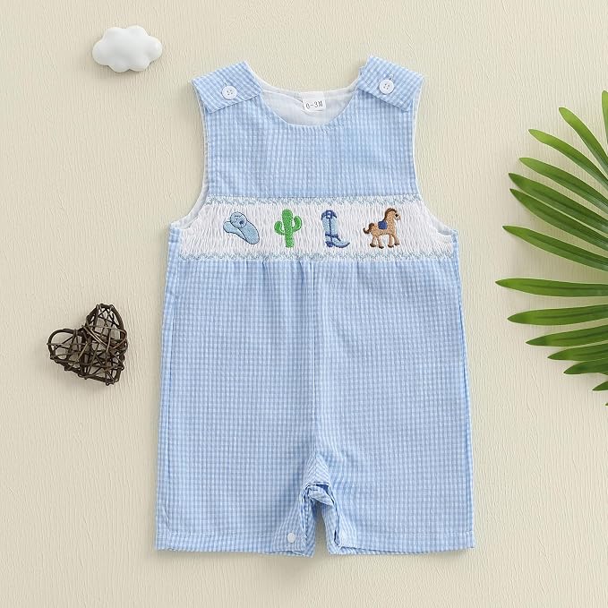 Newborn Baby Boys Sleeveless Seersucker Romper One Piece Straps Overalls - Image 2