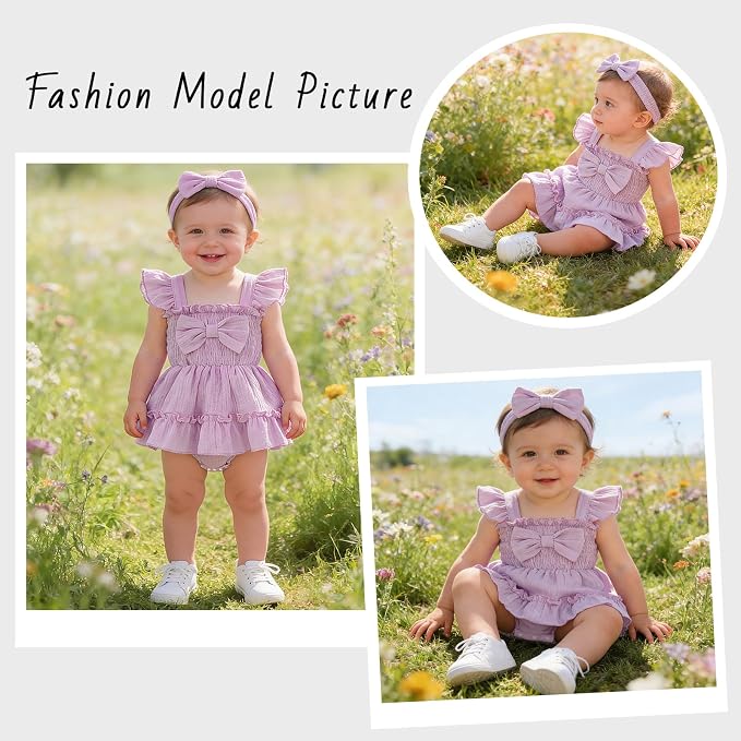 Baby Girl Smocked Romper Dress Ruffle Bow Summer Outfit - Image 2