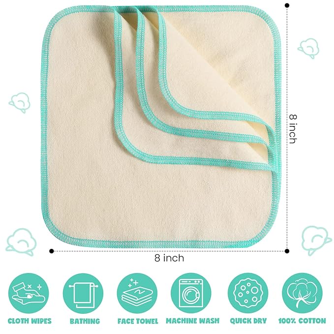 meekoo 45 Pcs Unbleached Flannel Cloth Baby Wipes Reusable Baby Diapers Wipes 8 x 8 Inch Soft and Sturdy Washable Natural Cloth Tissues Outer Stitching(Blue)