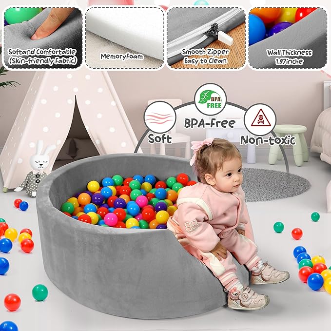 Foam Baby Ball Pit, 35.4"x 11.8" Ball Pits for Toddlers, Soft Round Kiddie Playpen Ball Pool for Kids with Soft Memory Sponge, Ideal Gift for Babies Indoor and Outdoor Game,Grey(Balls not Included)