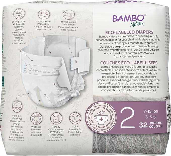 Bambo Nature Hypoallergenic Baby Diapers, Eco-Labelled Sustainable Diapers, Enhanced Leakage Protection, Totally Chlorine-free, Skin Friendly, and Super Absorbent - Size 2 (192 Count)