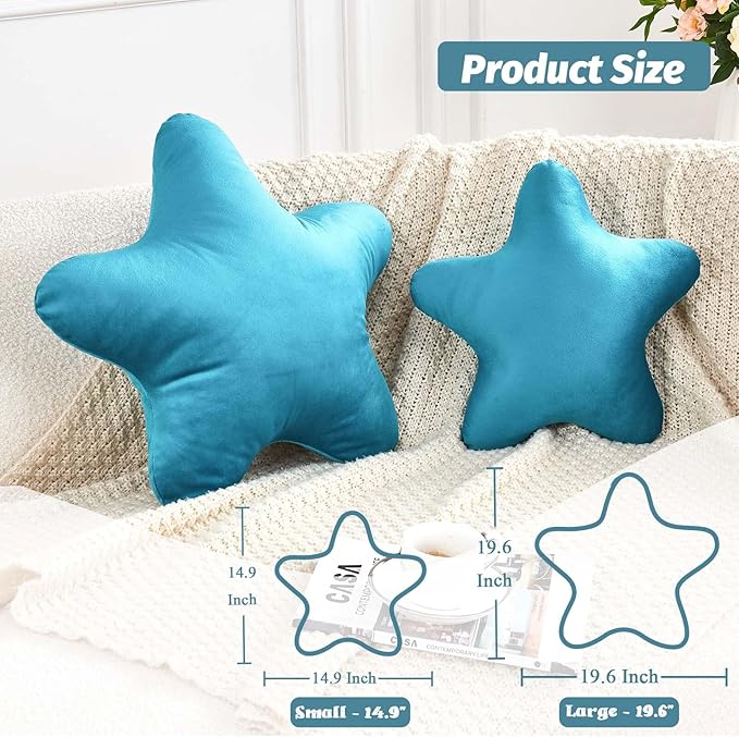 Teal Star Throw Pillow, Cute Star Pillow Room Decor, Soft 19.6" Star Shaped Decorative Throw Pillow for Bedroom, Star Plush Floor Cushions Pillows