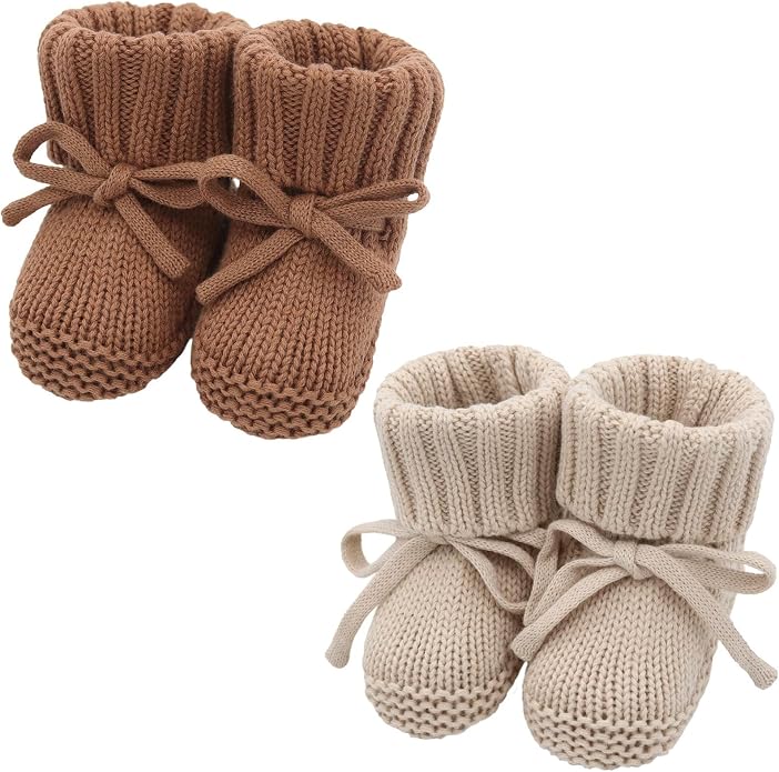 LifeTree Baby Knit Booties-2 Pairs, Cozy Cotton Handmade Crochet Baby Shoes by LifeTree