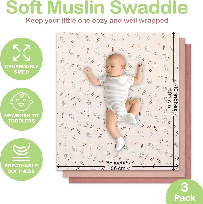 100% Organic Cotton 3 PK Baby Muslin Blanket Girl Gift 38x40 Inch | Oeko-TEX - Image 4