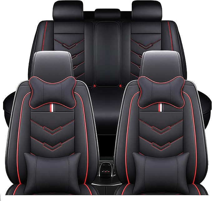 Leather Car Seat Covers Fit for LR Range Rover Evoque 2019-2025, 5 Seater Waterproof and Wear-Resistant Seat Cover Interior Accessories(Full Set with Pillow,Black&Red)