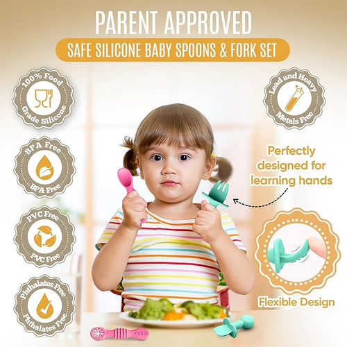 4pc Silicone Baby Spoons Self Feeding Baby Utensils 6-12 Months - 3 Baby Spoon - 1 Baby Fork - Toddler Cutlery Set - BPA Free, Dishwasher Safe - Baby Eating Essentials (Pink/Blue)