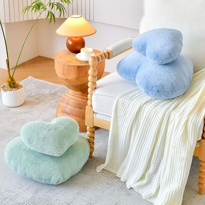 Dusty Blue Heart Pillows, Cute Heart Decorative Pillow, Heart Shaped Throw Pillows for Bed, Faux Rabbit Fur Plush Hoom Decor Pillow Cushion for Chair Sofa Living Room (Medium-15.7"x11.8")