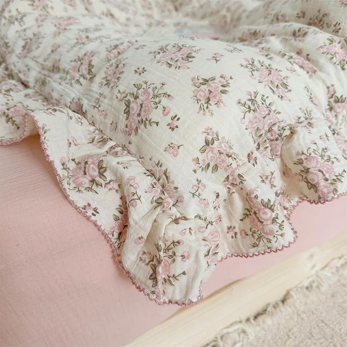 AOJIM Pink Floral Kids Toddler Pillowcase 1 Piece Super Soft Muslin Cotton Bedding Pillowcase with Ruffle Edges, Durable Nursery Pillowcase Aesthetic Print Kids Pillow Cover for Room Decor, 14x20 Inch
