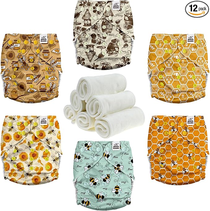 Mama Koala 3.0 Pocket Cloth Diapers for Babies with Suede Lining, 6 Pack with 6 4-Layer Natural Cloth Diaper Inserts - Reusable and Washable Pocket Diapers (S-Hardworking Bees)