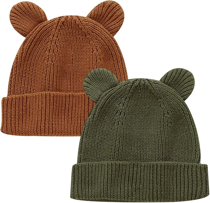 Hadetoto Cotton Baby Beanie Winter Knitted Hat, 2 Pack | Bear Ear Design by Hadetoto