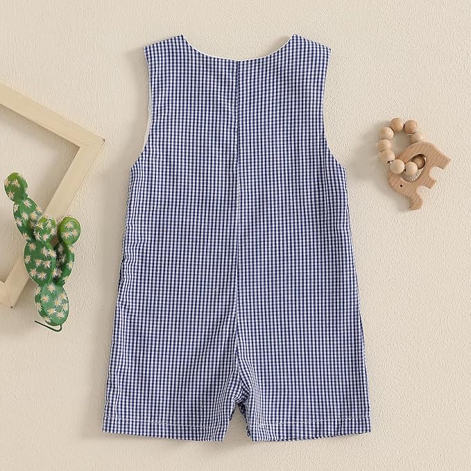 Newborn Baby Boys Sleeveless Seersucker Romper One Piece Straps Overalls - Image 3