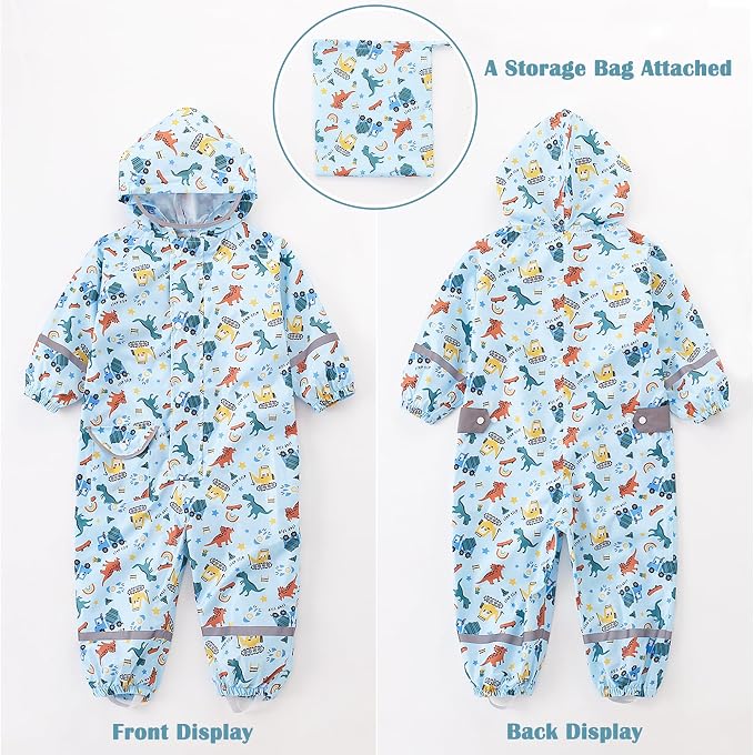 Fewlby Kids Toddler Rain Suit for Boys Girls One Piece Hoodie Zipper Cartoon - Image 5