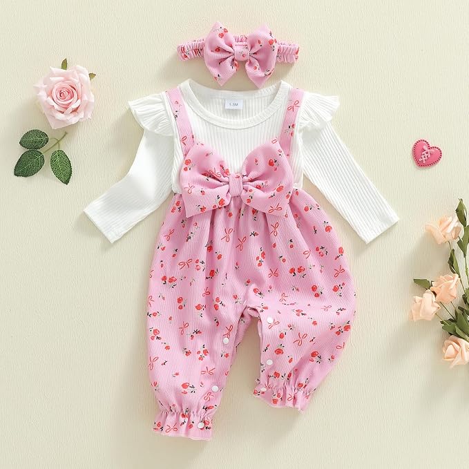 Newborn Baby Girl Clothes Ruffle Sleeve Jumpsuit Corduroy Floral - Image 3