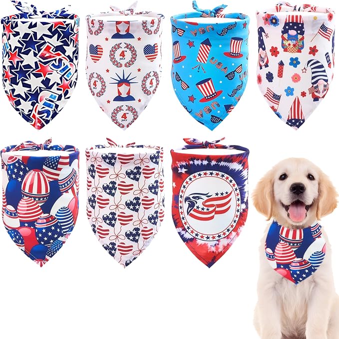 4th of July Dog Bandanas for Medium Dogs 7 Pcs Hemming Seam Edge Patriotic Dogs by Bestwishforyou