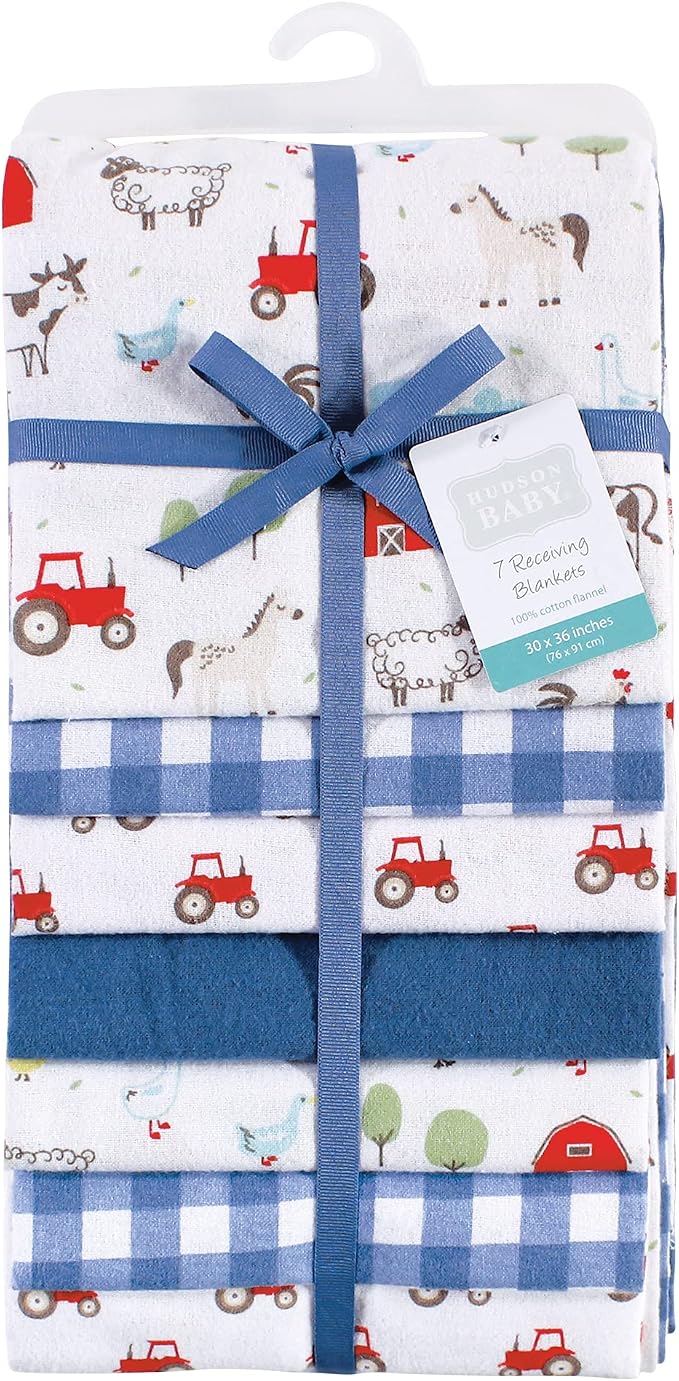 Hudson Baby Unisex Baby Cotton Flannel Receiving Blankets Bundle, Boy Farm - Image 2