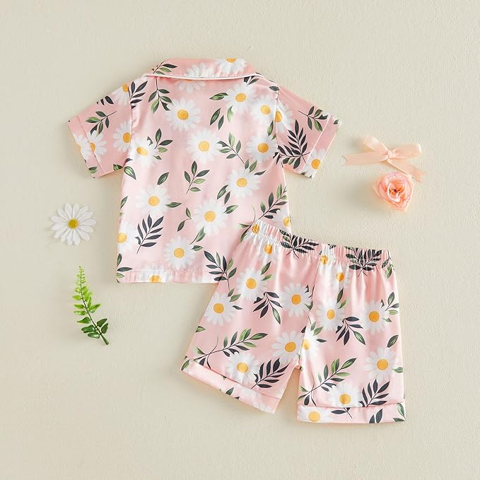 Kuriozud Toddler Baby Girl Pajamas Set Summer Floral Short Sleeve Button Down - Image 6