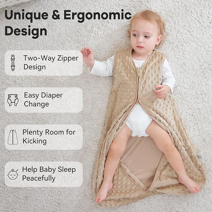 Fleece Baby Sleep Sack 12-18 Months with Plush Dots 1.5 Tog Baby Wearable Blanket with 2-Way Zipper Warm Sleeping Sack for Toddler Infant - Large, Coffee