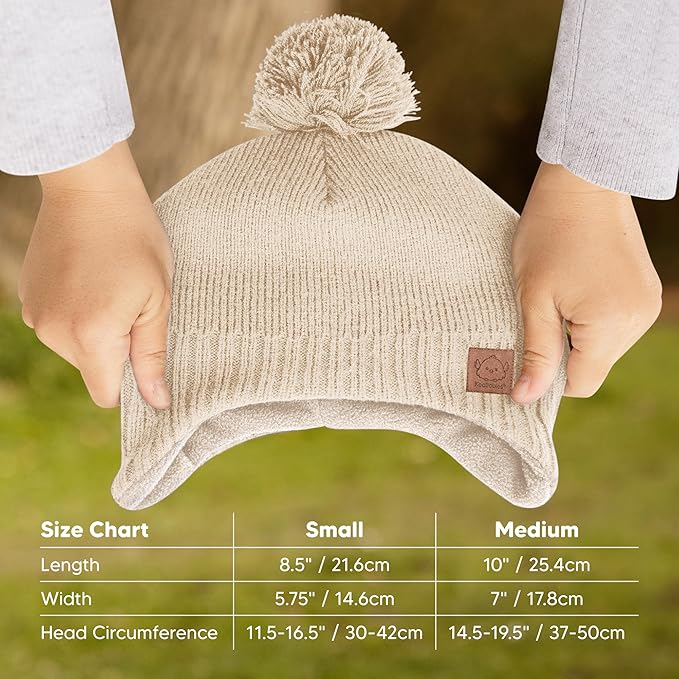 Baby Beanies, Baby Hats for Boys, Girls - Cute Toddler Winter Hat, Soft & Stretchy Beanies for Infant, Newborn 6-36 months, Cozy & Warm with Earflap Muff & Pom (Cream)