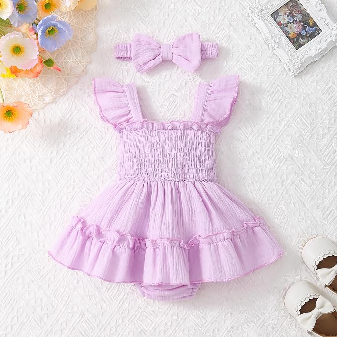 Baby Girl Smocked Romper Dress Ruffle Bow Summer Outfit - Image 3