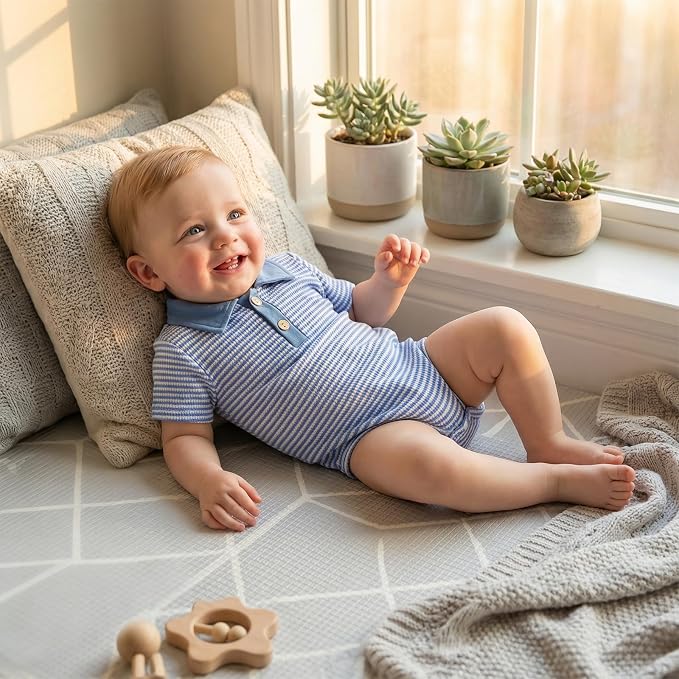 VISGOGO Baby Boy Striped Romper Waffle Short Sleeve Button Oversized Bodysuit - Image 3