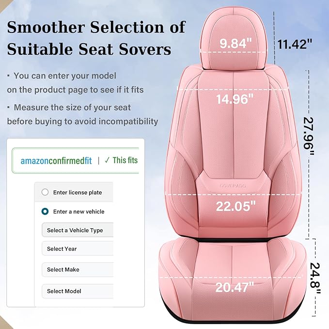 Coverado Car Seat Covers Full Set, Seat Covers for Cars, Pink Car Seat Protector Waterproof, Nappa Leather Car Seat Cushion, Car Seat Covers Front Seats and Back Fit for Most Cars