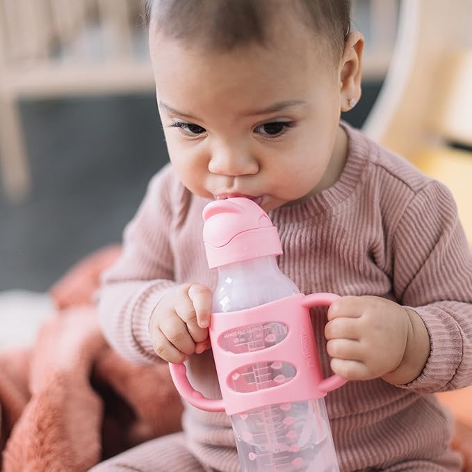 Dr. Brown's Milestones Narrow Sippy Straw Bottle, Spill-Proof with 100% Silicone Handles and Weighted Straw, 8 oz/250 mL, Pink, 6m+ (Pack of 2)