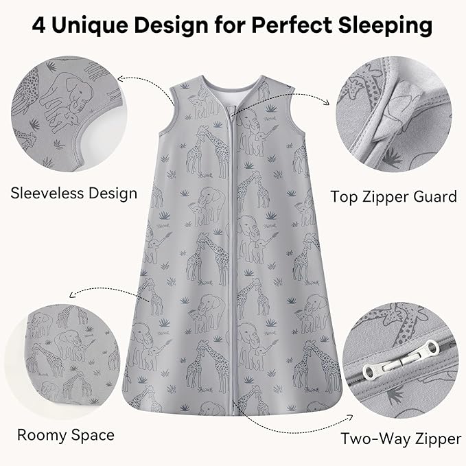 Baby Sleep Sack 6-12 Months 1.0 Tog Baby Wearable Blanket 100% Cotton Sleeping Sack with 2-Way Zipper for Infant Newborn Apricot & Gray Elephant