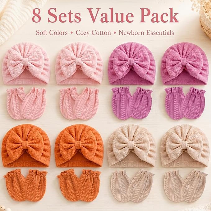 8 Sets Newborn Baby Girl Bow Hats and Mittens Turban Beanies 0-3M | Cotton - Image 8