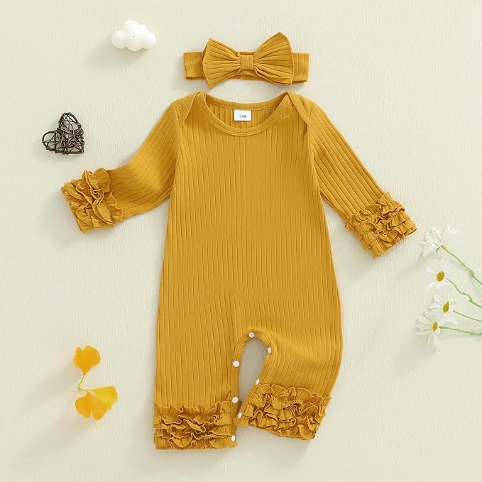 Newborn Baby Girl Clothes Jumpsuit Ruffle Romper Bodysuit Pants Headband - Image 5