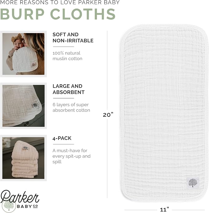 Parker Baby Co. Large 100% Cotton Muslin Burp Cloths, soft burping cloths - Image 4