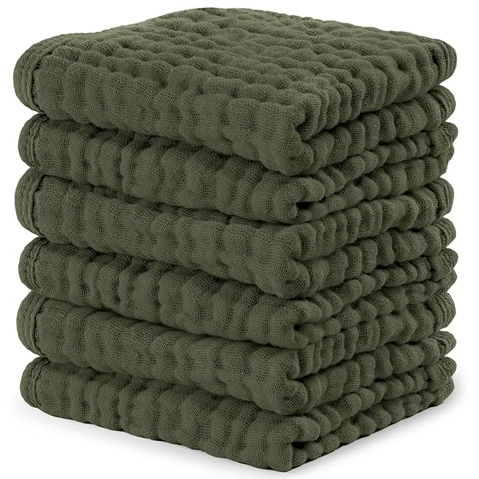Comfy Cubs Muslin Baby Washcloths 6 Pack - Soft 6-Layer Cotton Wash Cloths for Sensitive Skin - 10"x10" Large, Gentle, Absorbent Infant Essentials for Newborn and Toddlers - Kelp