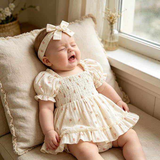 GRNSHTS Baby Girl Romper Dress, Puff Sleeve Smocked Outfit - Image 5