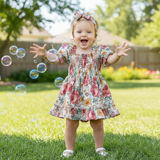 GRNSHTS Baby Girl Romper Dress, Puff Sleeve Smocked Outfit - Image 3