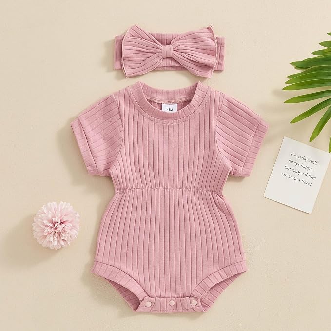 FOCUSNORM Baby Girl Summer Clothes Ribbed Short Sleeve Romper Solid Color - Image 2