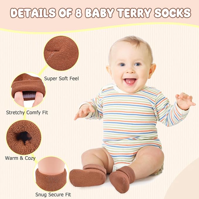 8 Pairs Newborn Socks Thick Cotton Terry Turn Cuff Baby Socks 0-6 Months Cute - Image 2