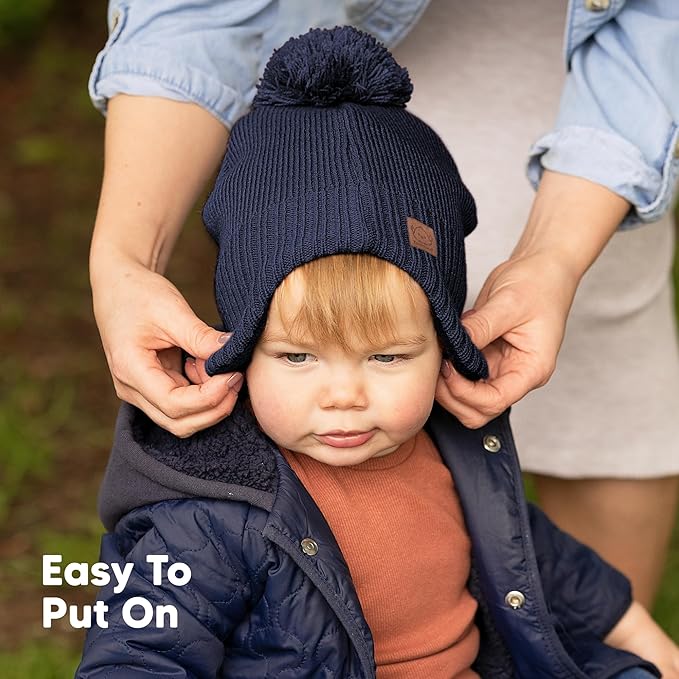 Baby Beanies, Baby Hats for Boys, Girls - Cute Toddler Winter Hat, Soft & Stretchy Beanies for Infant, Newborn 6-36 Months, Cozy & Warm with Earflap Muff & Pom (Taupe)