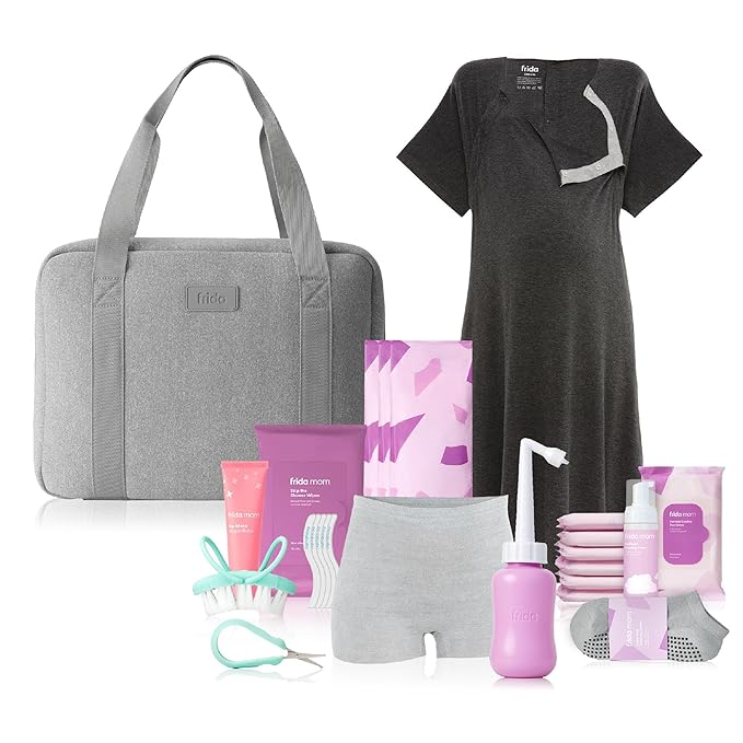 Frida Mom 30pc Pre-Packed Hospital & Diaper Bag Essentials Gift Set, Includes Labor, Postpartum, & Newborn Grooming Kit in One, Easy to Organize with Removable Toiletry Bags, & Suitcase Strap