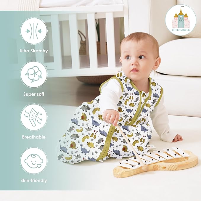 Cute Castle Baby Sleep Sack 18-24 Months - Lightweight 100% Cotton 2-Way Zipper TOG 0.5 Infant Wearable Blanket, Newborn Essentials Toddler Sleep Clothes, 3 Pack(Honey, Dinosaurs, Letters)