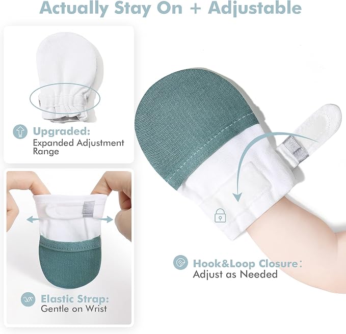 Baby Newborn No Scratch Mittens Stay On, 100% Cotton Adjustable 0-12M | Soft - Image 3