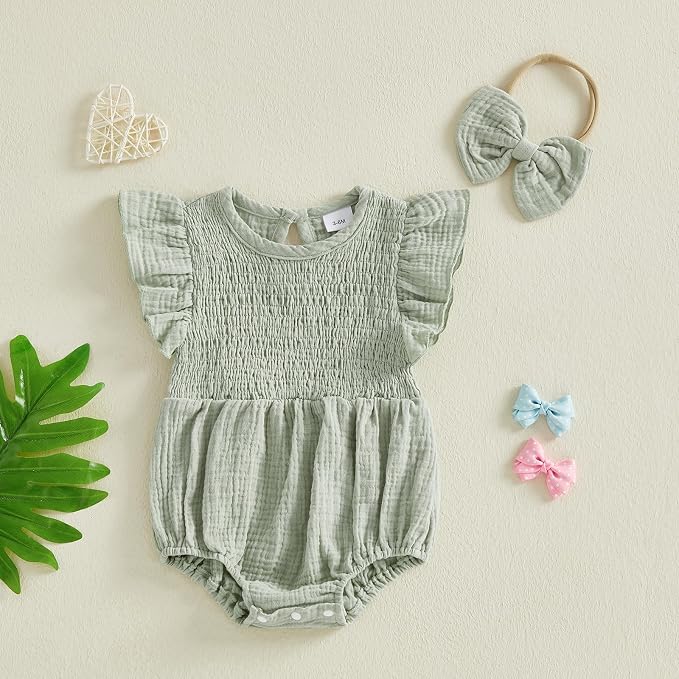 Kavousa Newborn Baby Girl Clothes Summer Bubble Romper Headband Outfit - Image 4