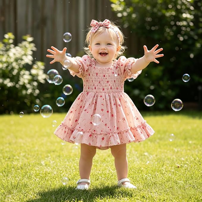 GRNSHTS Baby Girl Romper Dress, Puff Sleeve Smocked Outfit - Image 3