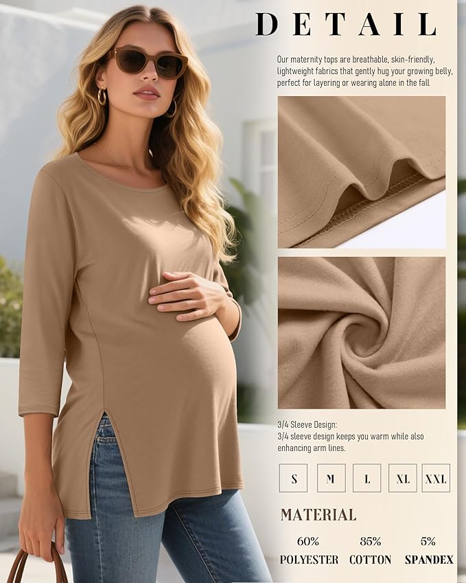 3 Pack Women's 3/4 Sleeve Maternity Shirts Elbow Length Clothes Round Neck Tunics Pregnancy Loose Side Split Tops