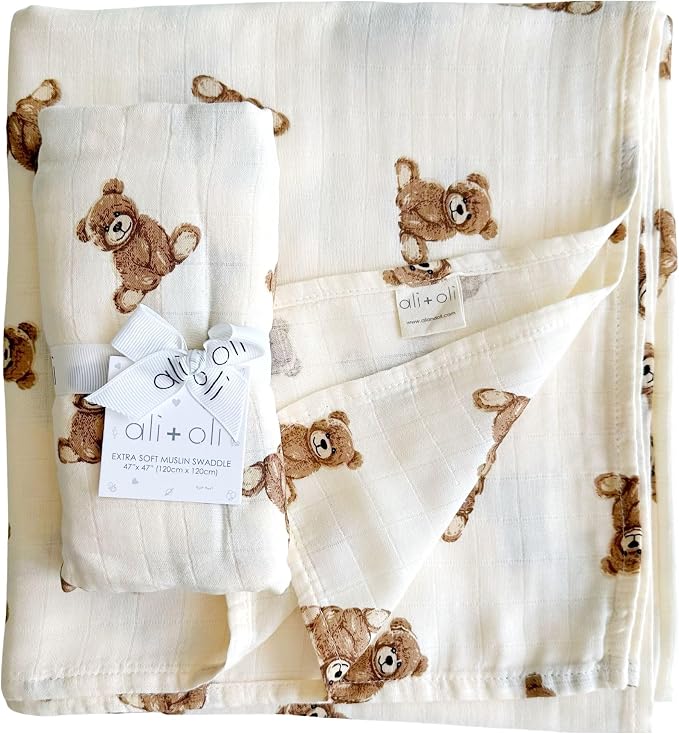 Ali+Oli Teddy Bear Swaddle Blanket, Organic Cotton, 47 x 47 by AliOli