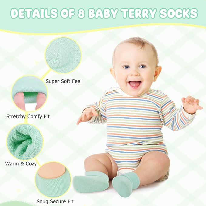8 Pairs Newborn Socks Thick Cotton Terry Turn Cuff Baby Socks 0-6 Months Cute - Image 2