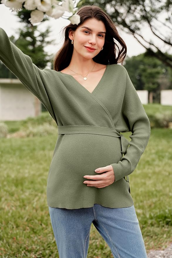 OUGES Womens Soft Cotton Blend Maternity Sweater Wrap V Neck Long Sleeve V Back Fall Shirts Pregnancy Outfits with Belt