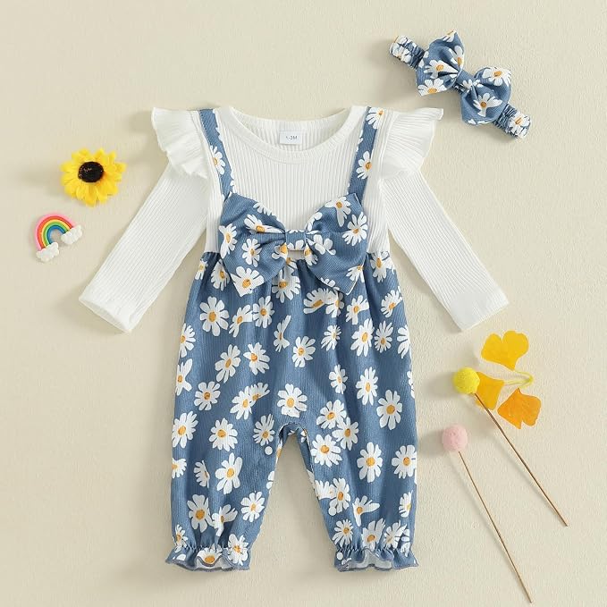 Newborn Baby Girl Clothes Ruffle Sleeve Jumpsuit Corduroy Floral - Image 3