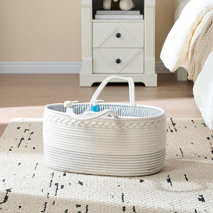 luxury little Diaper Caddy Organizer, Extra Large Cotton Rope Nursery Basket, Changing Table Organizer for Baby Diaper Storage, Portable Car Organizer with Removable Divider, Baby Shower Gifts