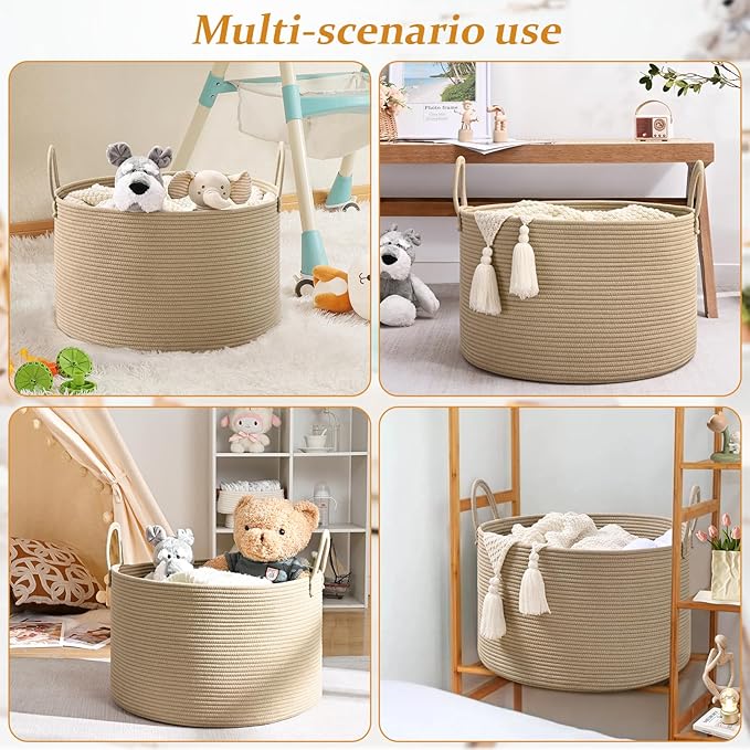 67L Storage Basket for Organizing, 20"×13" Large Laundry Baskets, Cotton Rope Woven Blanket Basket, Toy Storage for Kids, Collapsible Blankets Storage for Living Room, Nursery Room