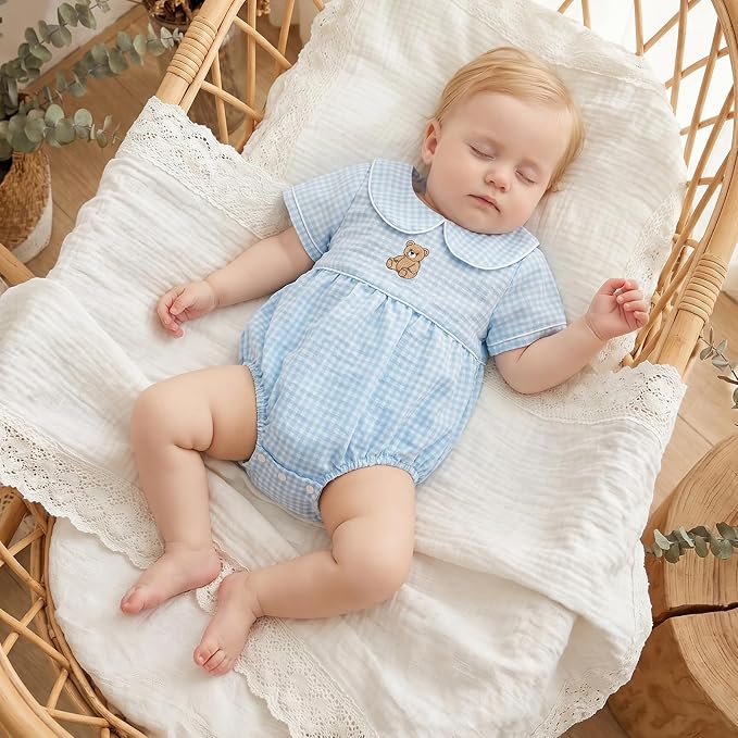 Baby Boy Girl Bubble Romper Short Sleeve Collar Summer Bodysuit - Image 2
