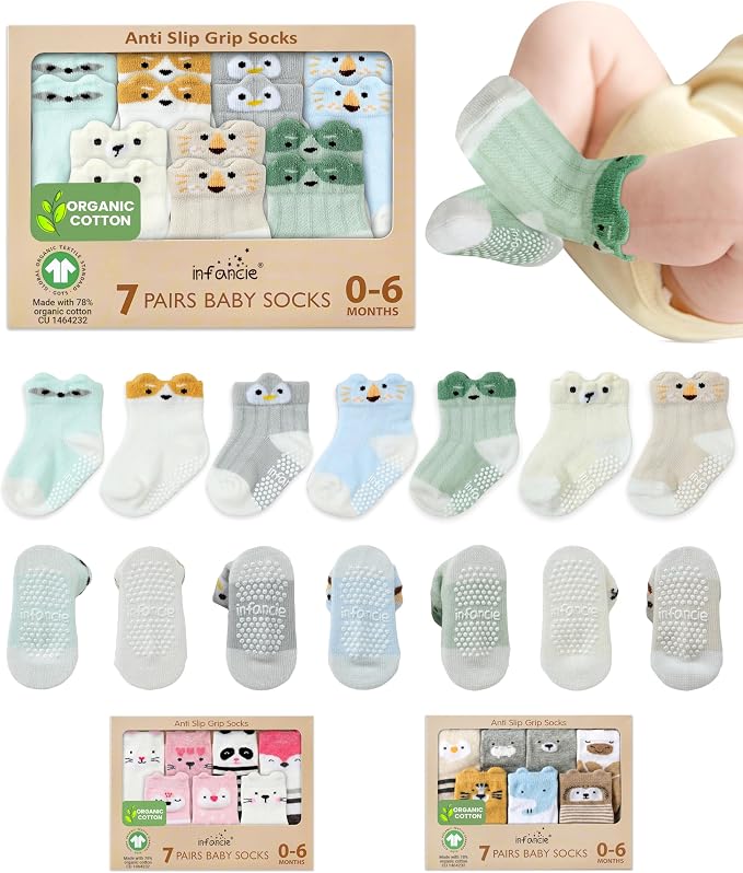 GOTS Organic Cotton Blend 7 Baby Socks 0-6 Months Animal Design Non Slip by Infancie